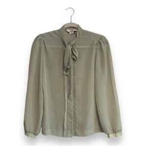 Vintage 70s The Wilroy Traveller Sheer Checked Green Bow Neckline Blouse Size 8